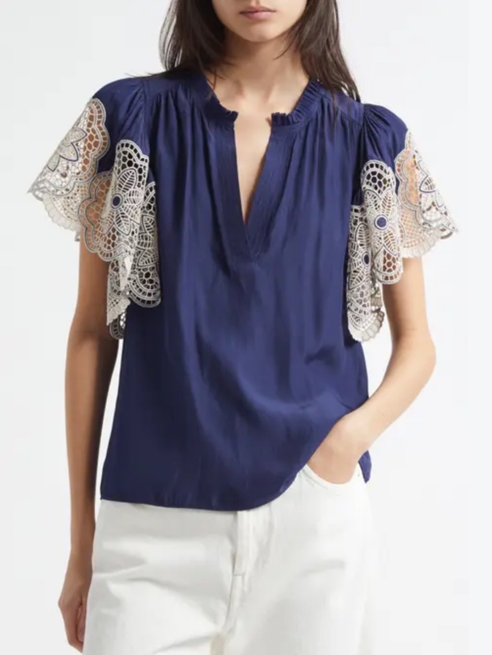 Chico's Navy Blouse with Cream Lace Flutter Sleeves
